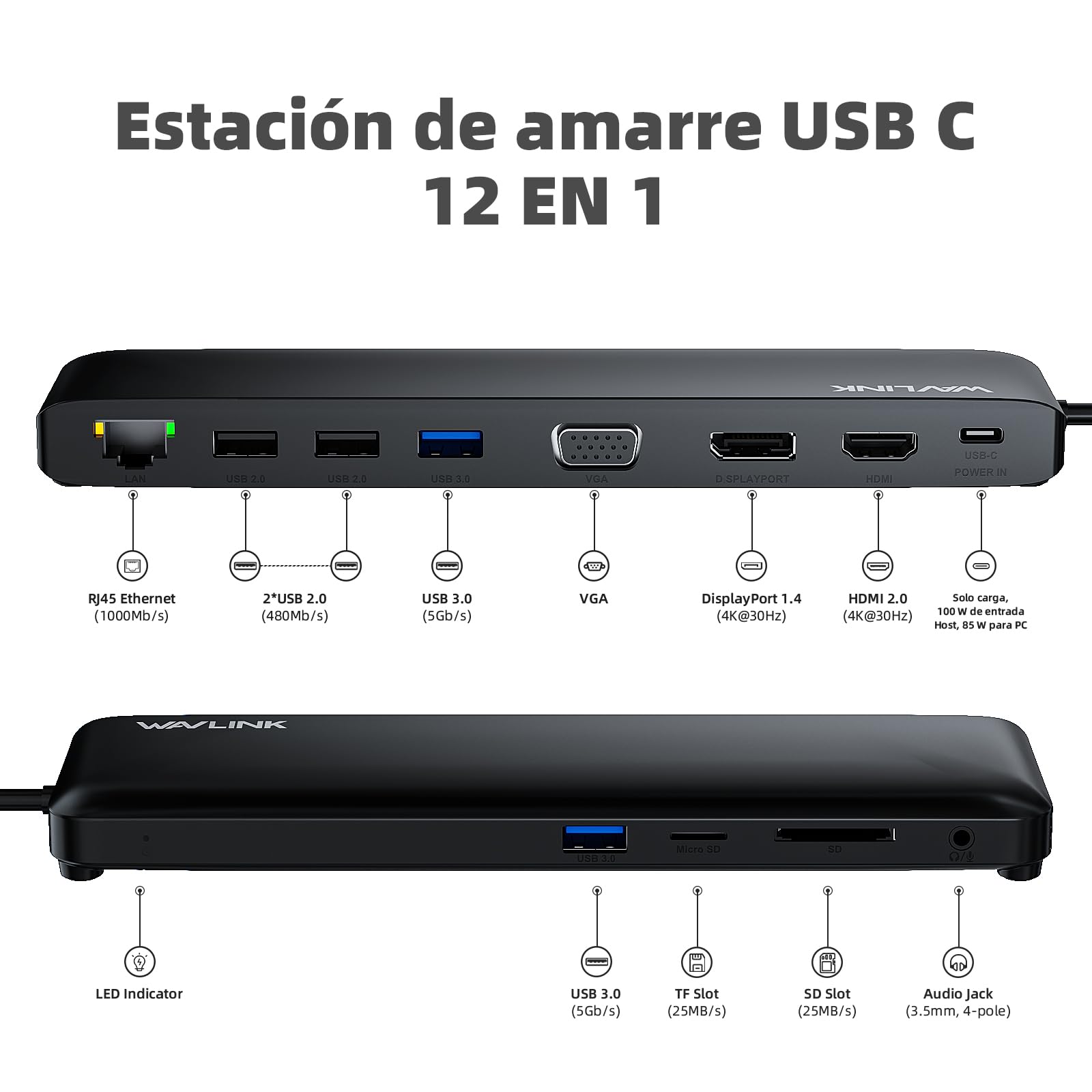 Docking Station WAVLINK USB-C 12 In 1 | Triplo Monitor (HDMI, DP), 100W PD, 2 USB3.0, 2 USB2.0, RJ45, SD/TF, Audio | Solo Per Windows Con DP Alt Mode E DSC