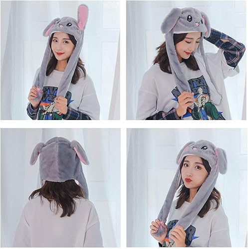 Vista 2 de Topwon - Gorro de conejo de peluche con orejas de conejo que aparecen cuando se presionan las patas, color gris