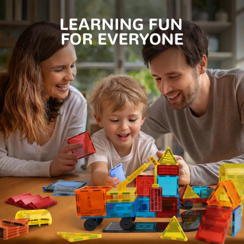 Image of 35 PCS Magnetic Tiles Construction Building Blocks Set with Crane | Colorful Magnetic Blocks | STEM Educational Learning Toy for Kids Boys & Girls Age 3+