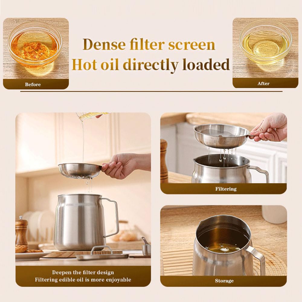 Filtro dell'olio in acciaio inox 304 con coperchio e cestello per friggere, contenitore per grasso per pancetta, per conservare olio e grasso da cucina, 2 l