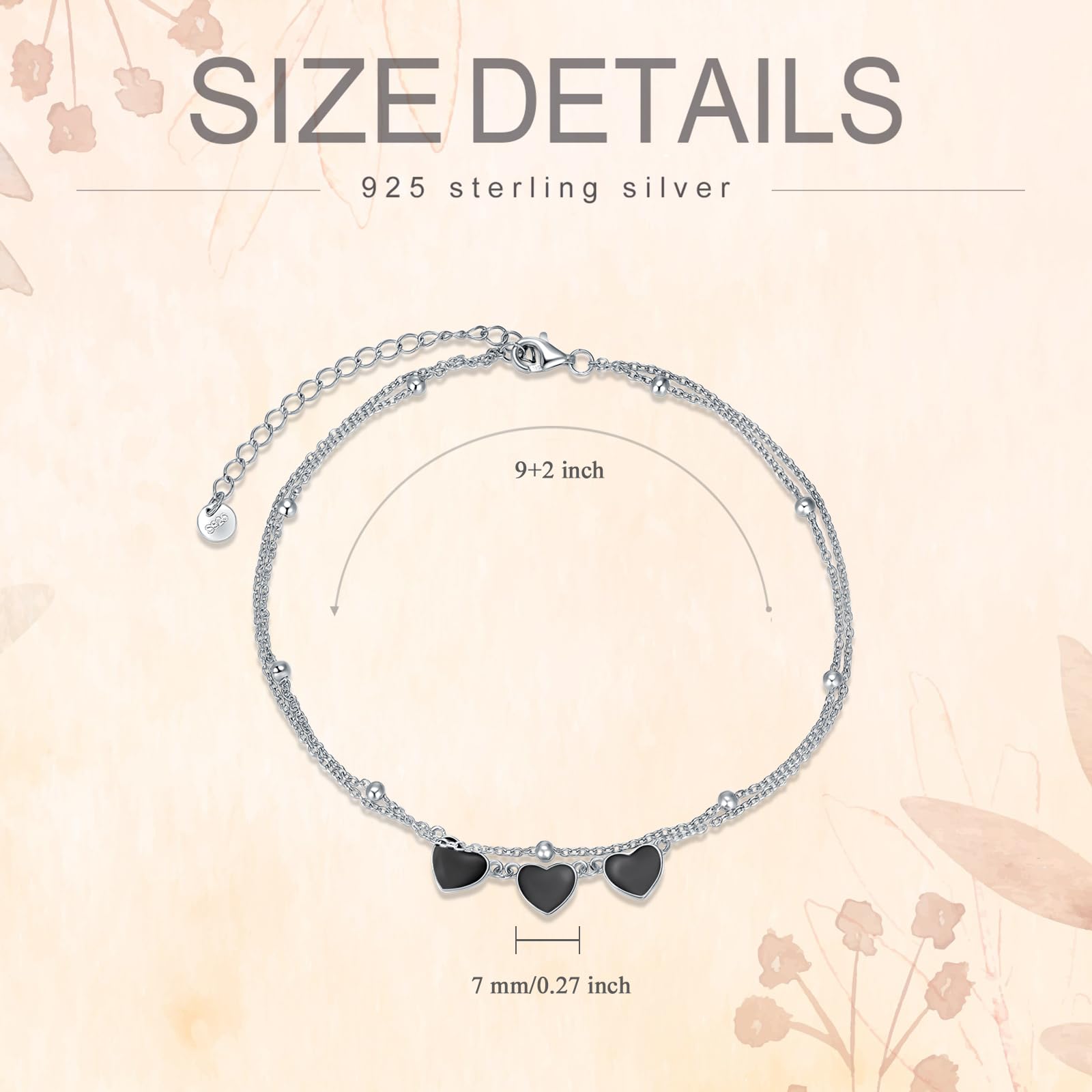 YFN Cavigliera a forma di cuore in argento Sterling 925 a strati cavigliera nero cuore caviglia bracciali per le donne regolabili spiaggia donne cavigliere gioielli regali, 27.94 centimeters, Argento