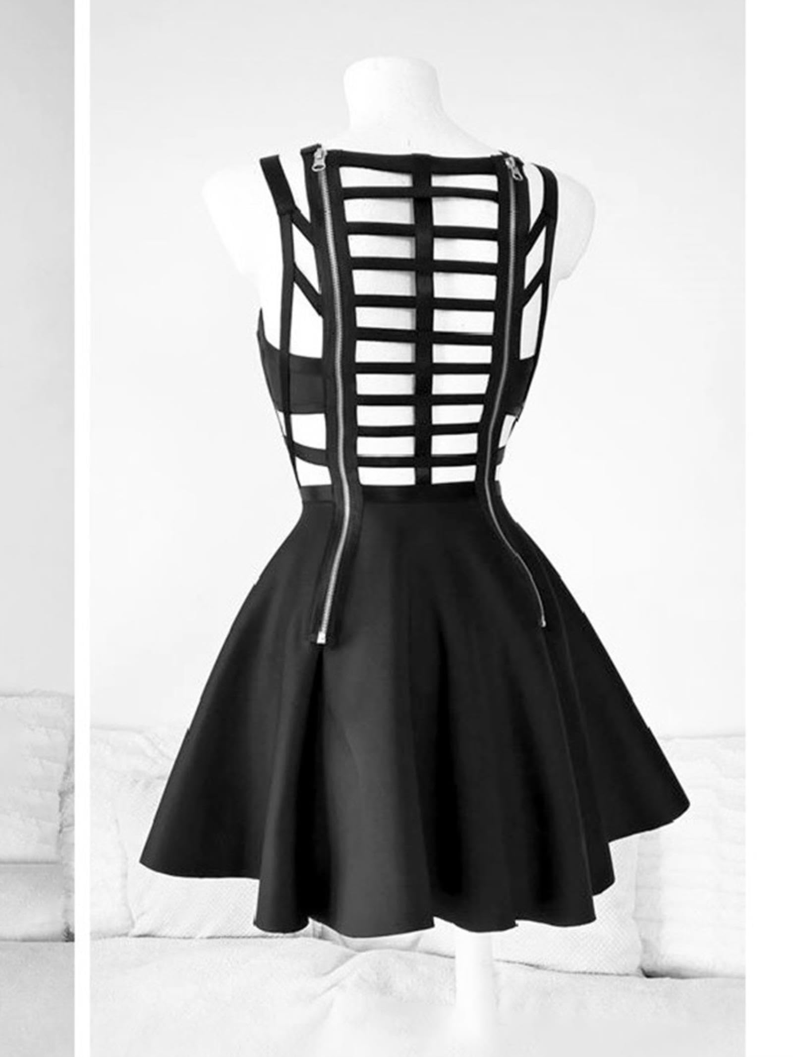 Gothic Hollow Out Korsett A-Linie Kleid Criss-Cross Retro Street Elf Girl Frauen Sexy Chic Reißverschluss Harajuku Fairy Grunge Kleid-Schwarz, L