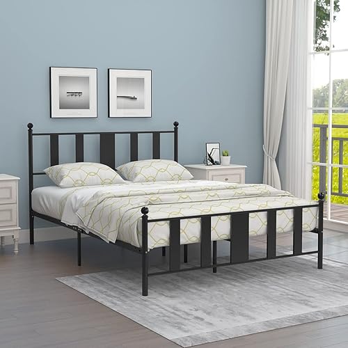 Marco de cama de metal tamaño Queen con cabecera y estribo de estilo vintage victoriano base de cama no necesita somier cama de plataforma con 10