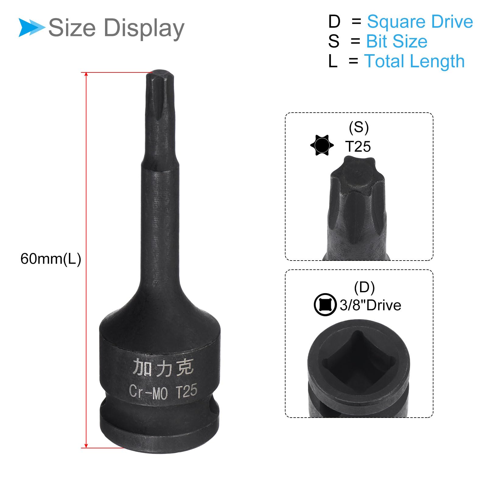 CoCud Impact Torx Bit Socket, T25 3/8" Square Drive 60mm Length, CR-MO Chamfer Design Pin Hole 6 Point Star Socket Bit - Image 2