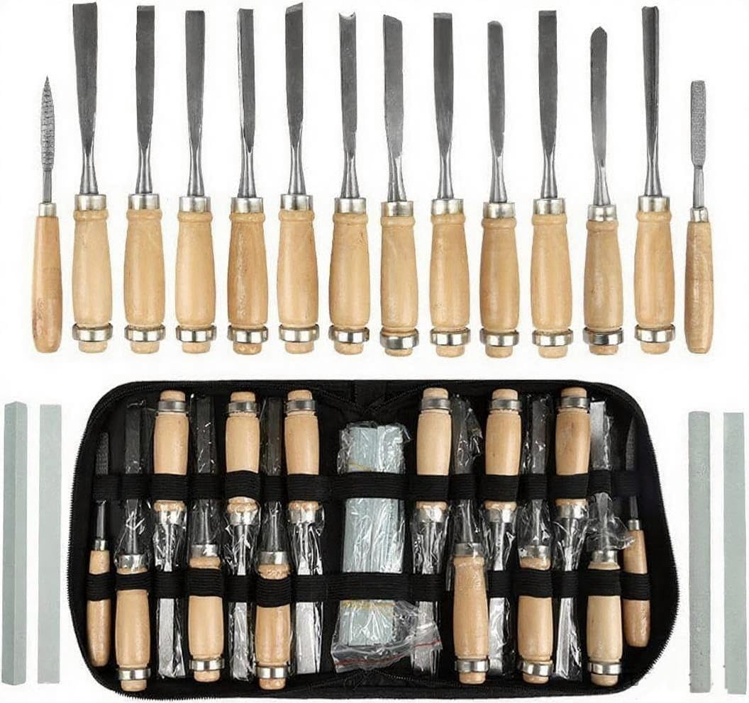 TIMESETL Herramienta de Tallar Madera 12 Gubias + 2 Lima + 4 Piedras de Aceite, Juego Gubias para Madera Artesanal