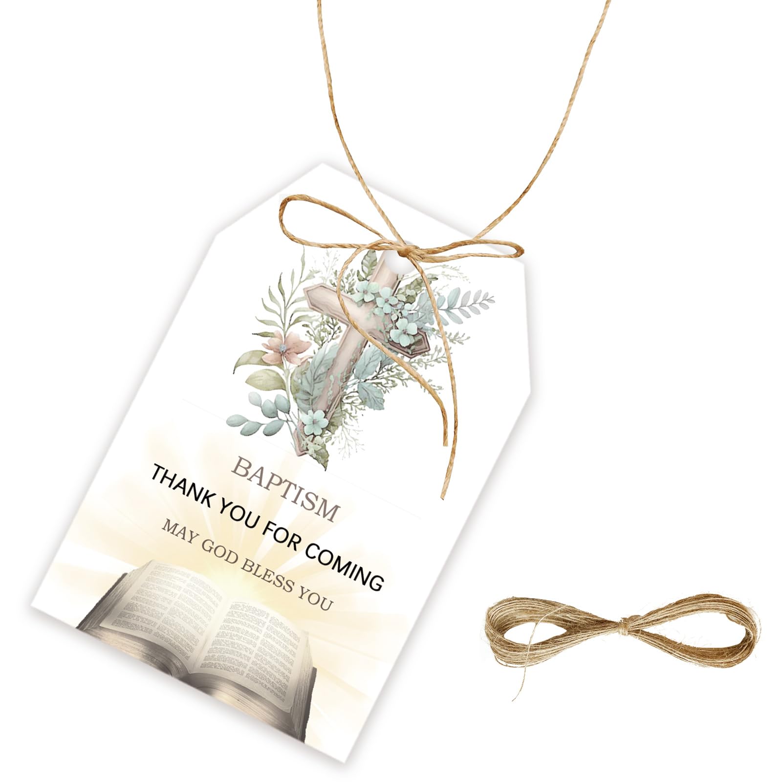 50pcs Baptism Thank You Tags, God Blessed Gift Tag with String for Spanish Baptism Party, Cross Thank You Paper Tags for 1st Birthday/First Communion Party Favors