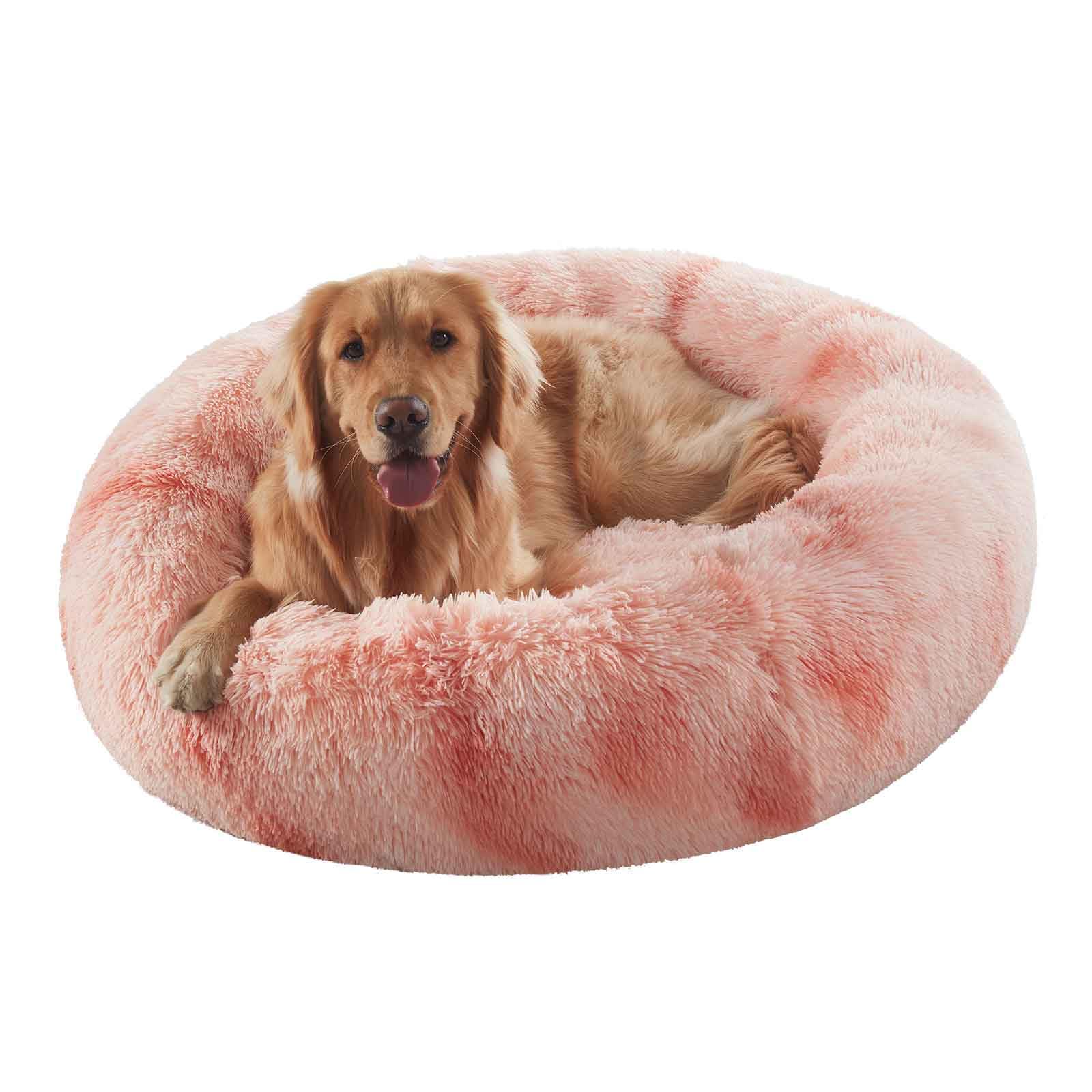 BedStill 36 inches Donut Dog Bed for Large Dogs - Calming Fluffy Round Pet Bed with Removable & Washable Cover,Fits up to 80 lbs Pets (Tie-dye Pink,