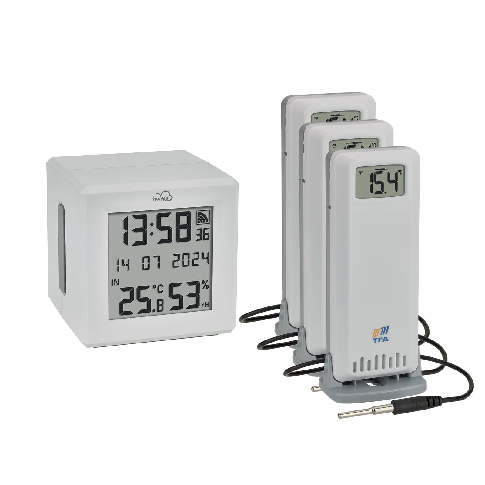 TFA Dostmann TFA.me 35.8104 - Kit de iniciación con 3 transmisores de temperatura, para monitoreo de transmisores TFA-ID, incluye portal TFA.me para PC, smartphone y tableta, con sensor de cable,