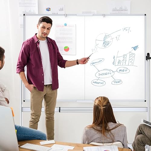 Miniatura 9 de VIZ-PRO Pizarra blanca móvil de doble cara, 72 x 48 pulgadas, pizarra blanca magnética de borrado en seco sobre ruedas con 4 borradores en seco, 16