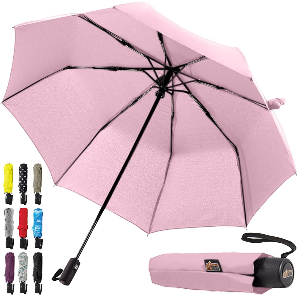 Gorilla Grip Windproof Compact Stick Umbrella for Rain, One-Click Automatic Open and Close, Strong Reinforced Fiberglass Ribs, Easily Collapsible, Lightweight Portable Umbrellas for Travel