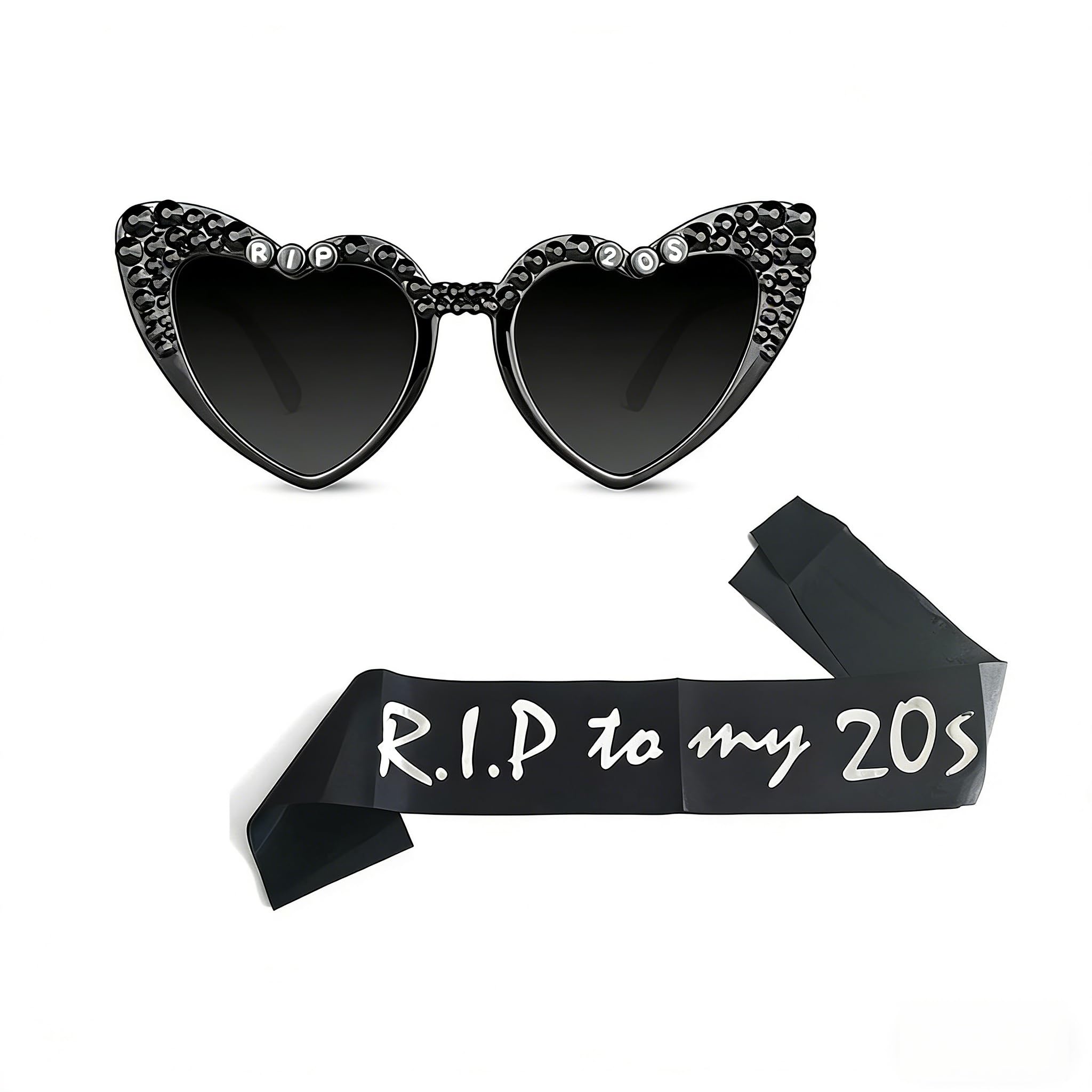 20th Birthday Glasses for Women, 20s Sparkling Black Heart Glasses with Bling Diamonds and 20th Birthday Sash for Women, Rip to My 20s Birthdays Sunglasses and Sash Set for Birthday Decor (Black2)