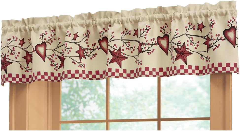 Collections Etc Country Heart Checkered Rod Pocket Window Valance, 71" W x 14" L, Red