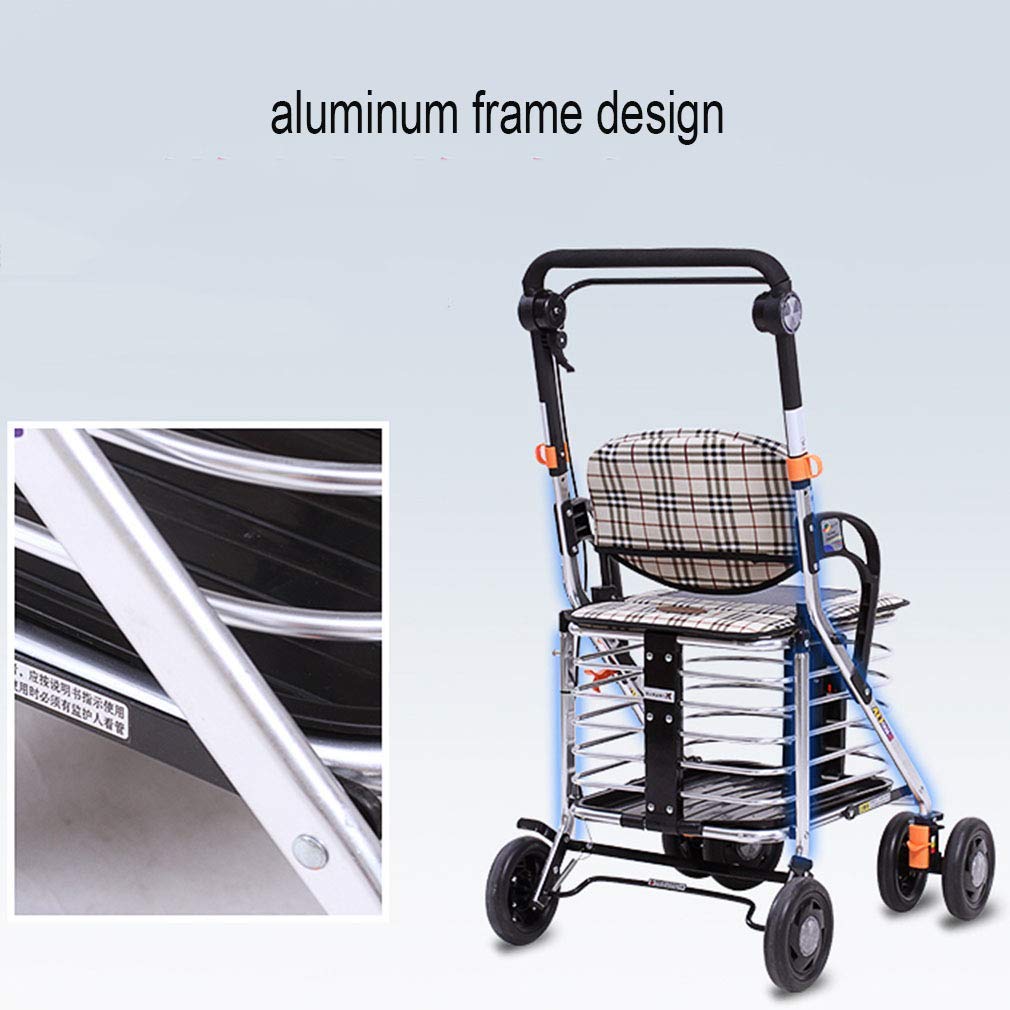 Carrito de Compras para Personas Mayores con Canasta de Almacenamiento | Andador Plegable con 6 Ruedas y Asiento, Frenos bloqueables, con Tira Reflectante Nocturna, Silla de Descanso de tran