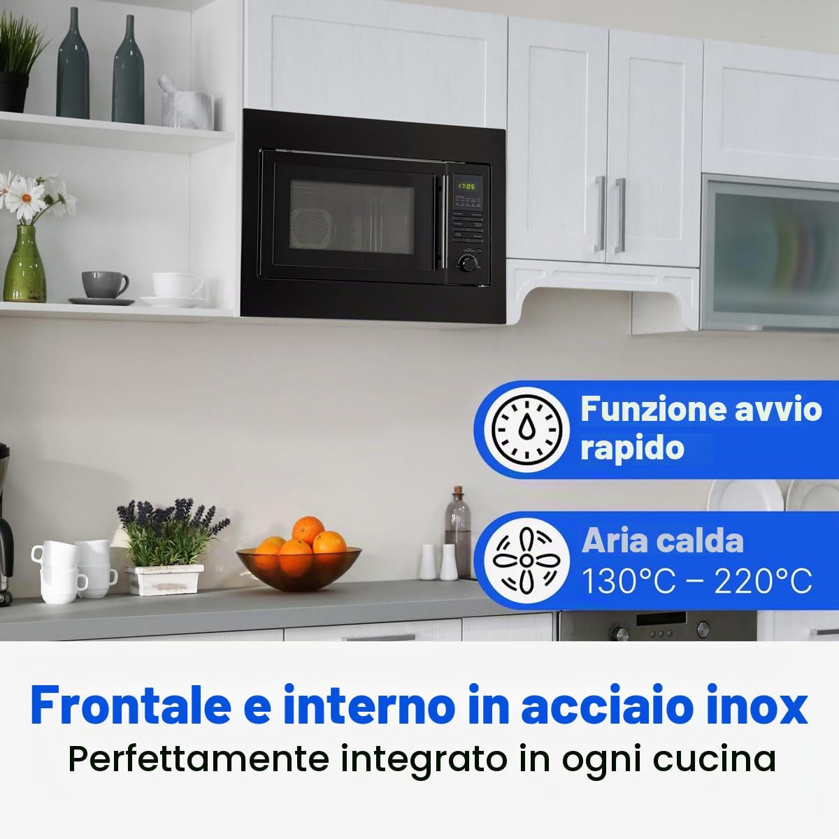 Forno a microonde da incasso Bomann con grill e convezione, 60 cm, Microonde 900 W, Grill 1100 W, Convezione 2500 W, Include griglia e piatto girevole, Microonde da incasso 25 l, MWG 2216 H EB Nero