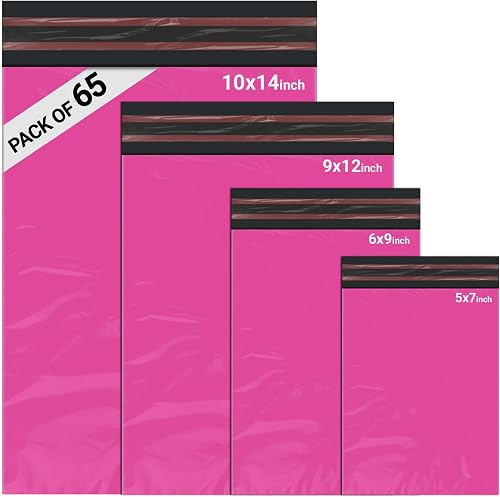 65 Mixed Parcel Bags Hot Pink, Mailer Bags Tamper-Proof Strong Postal Packaging Bags for Shipping, Mailing & Delivery, 4 Sizes Small to Large Bags, 15 Each