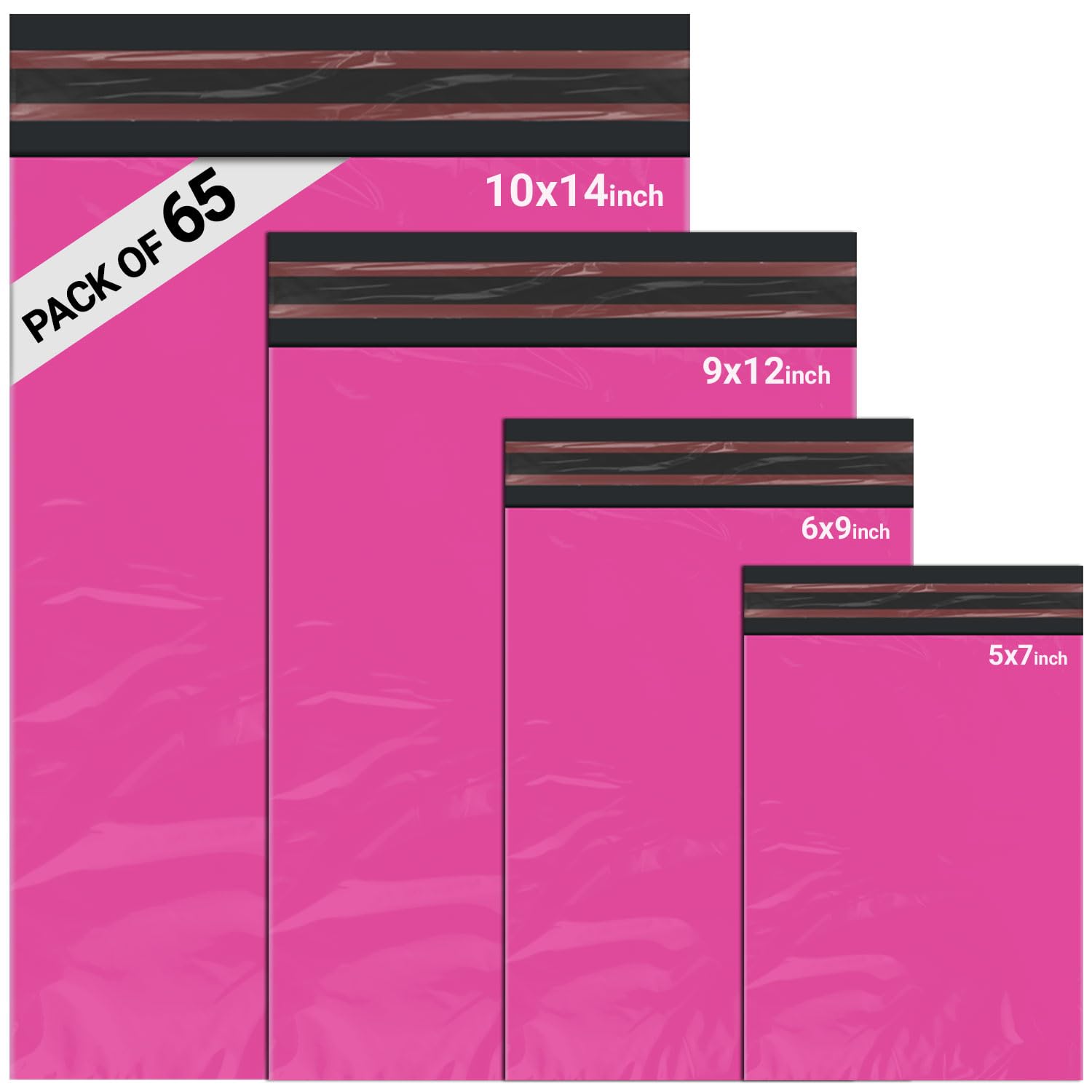 65 Mixed Parcel Bags Hot Pink, Mailer Bags Tamper-Proof Strong Postal Packaging Bags for Shipping, Mailing & Delivery, 4 Sizes Small to Large Bags
