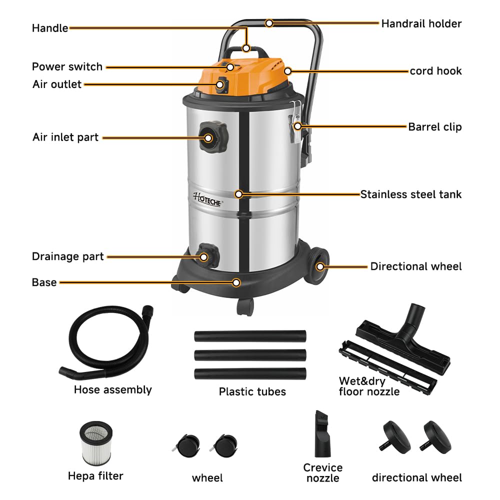 Hoteche 1200 W odkurzacz na mokro i sucho – metalowy pojemnik 40 l, strumień powietrza 1,4 m³/min, moc ssania 15 kPa, z funkcją nadmuchu, idealny do warsztatu, rodziny i na plac budowy