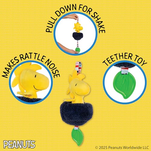 Image of Kids Preferred Peanuts Charlie Brown Snoopy and Woodstock Baby Pulldown Sensory Toy for Kids & Toddlers with Teether Rattle & Stroller Car Seat Loop