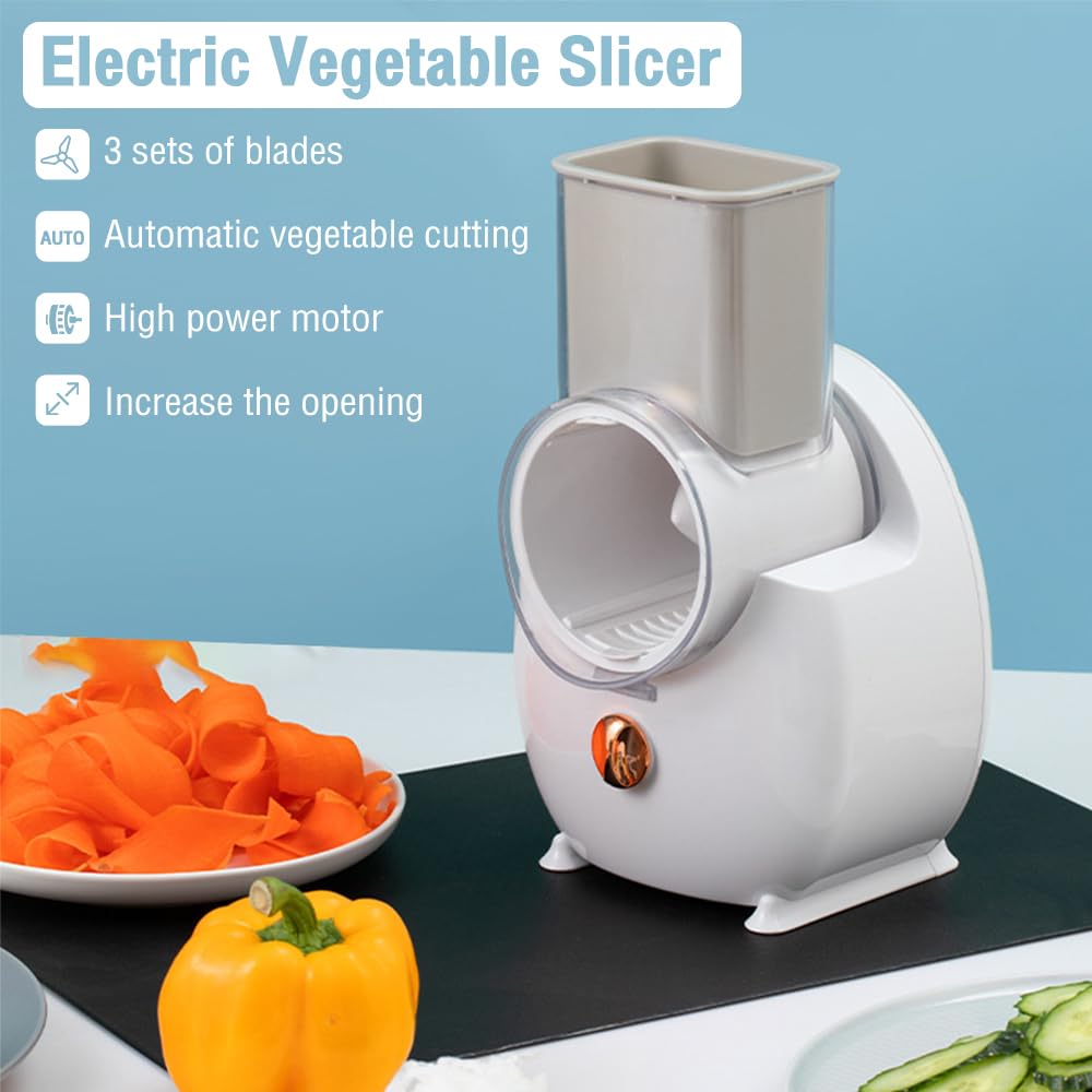 Râpe à fromage électrique, machine à salade électrique, râpe multiple, coupe-fruits, hachoir automatique professionnel avec plusieurs lames coniques pour fruits et légumes, acier inoxydable, blanc