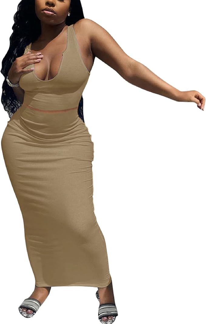 Adogirl Women's Sexy Summer Scoop Neck Ottoman Rib 2 Piece Outfit Bodycon Crop Tank Tops Long Maxi Skirt Set Club Dress