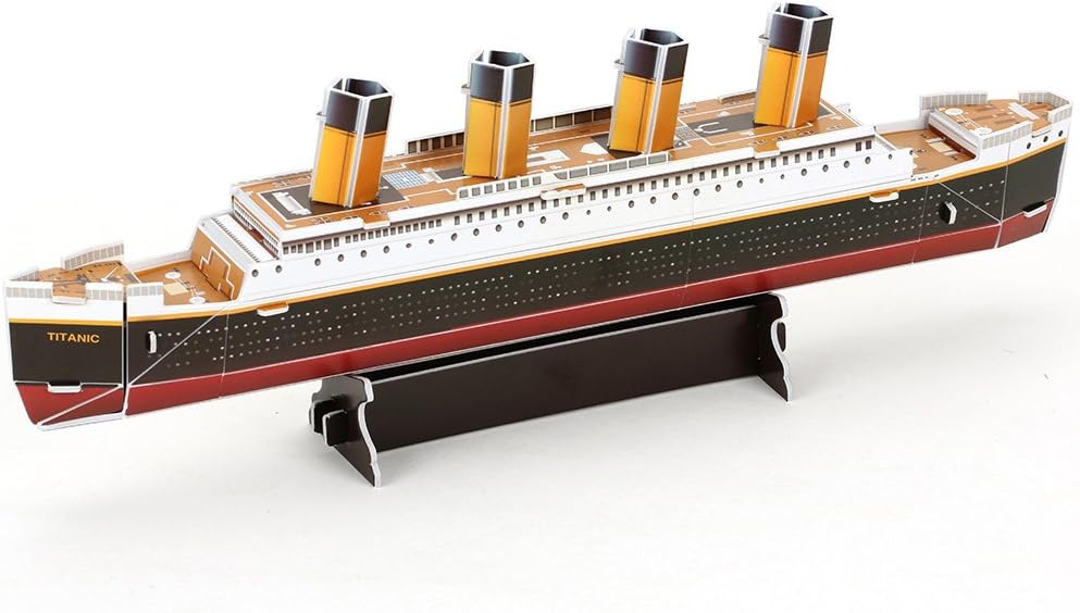 The assembled CubicFun 3D Titanic Puzzle viewed from a side angle on its display stand.