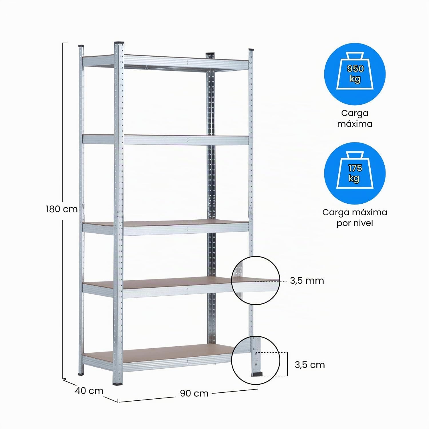 7H Seven House - Estantería Modular Almacenaje (Pack 2), Acero Galvanizado y MDF Antihumedad, Hogar, Trastero, Garaje, 5 Baldas Ajustables, Carga Máxima 875Kg, 90x40x180cm (Largo x Ancho x Alto)