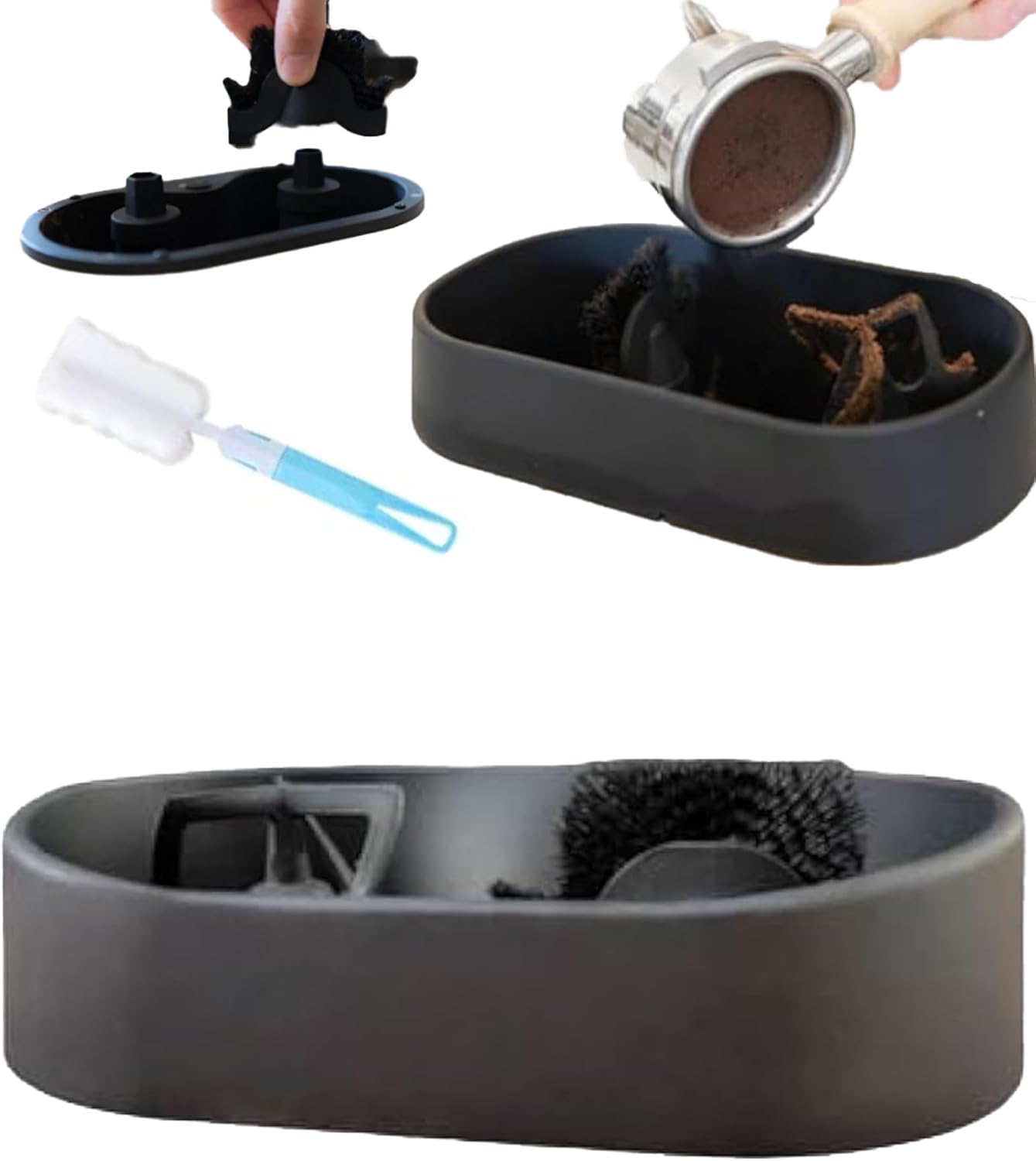 Coffee Portafilter Cleaning Kit, Premium Espresso Portafilter Cleaning Holder with Precision Deep-Clean Brush & Anti-Spill Grounds Tray, Scrubs Away Coffee Grounds, Oils, Stubborn Stains (1PC)