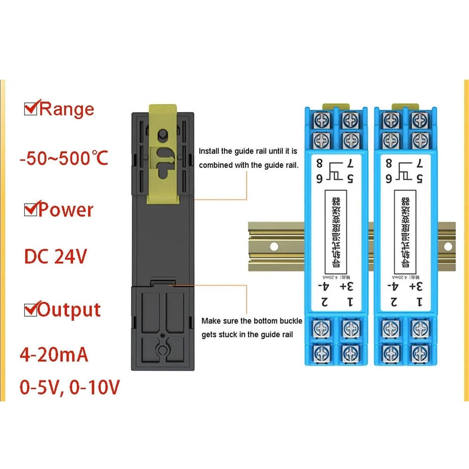Transmisor de temperatura tipo carril Pt100 integrado 4-20ma transmisor de aislamiento de resistencia térmica termopar 1 Uds(0-250Degrees Celsius)
