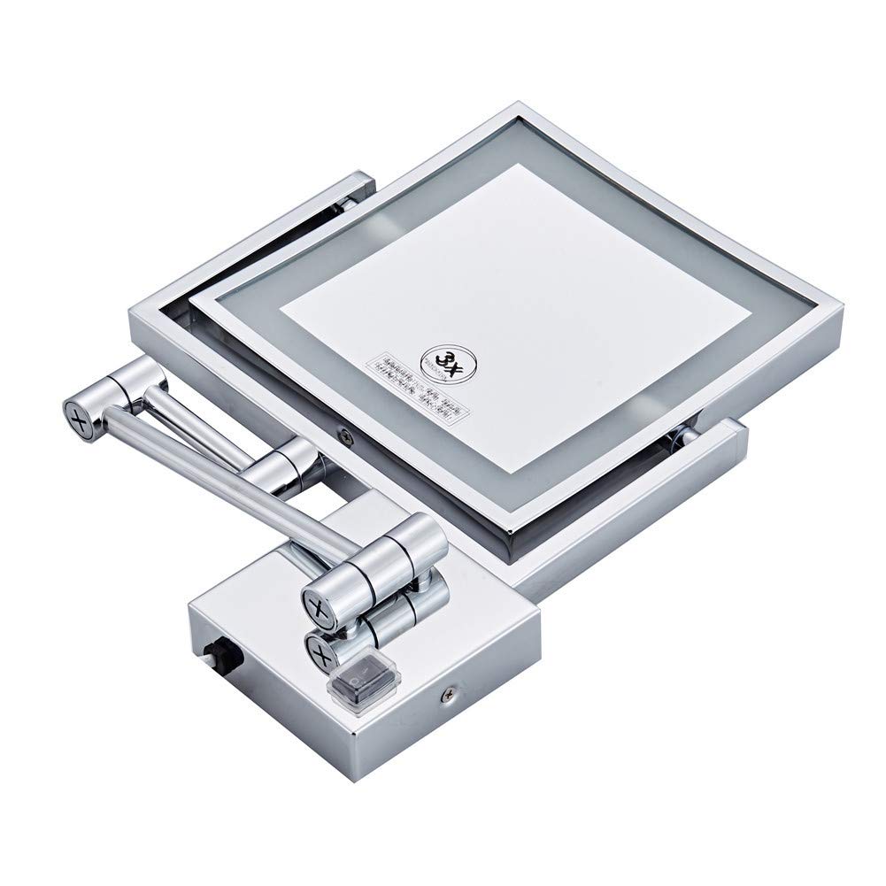 Espejo de maquillaje de montaje en pared, Espejo de baño de Doble Cara con Aumento de 3X, Espejo de belleza plegable cuadrado extensible giratorio de 360° con Luz LED,Bronze_8inch 3X (Silver