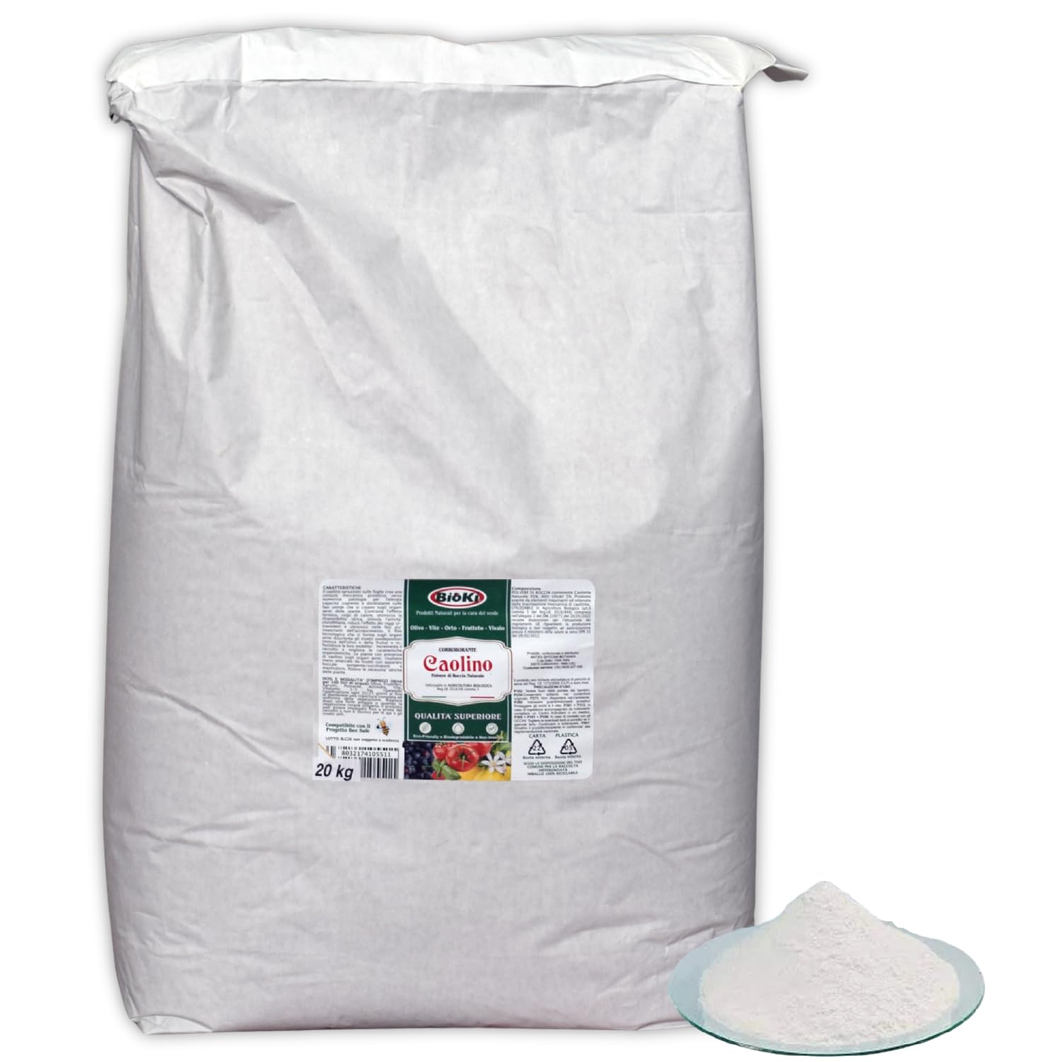 Bioki CAOLINO per Agricoltura, N.1 Busta da 20 kg, Alta micronizzazione per Insetti molesti da Applicare in frutticoltura, olivicoltura, viticoltura, floricoltura e Giardinaggio.