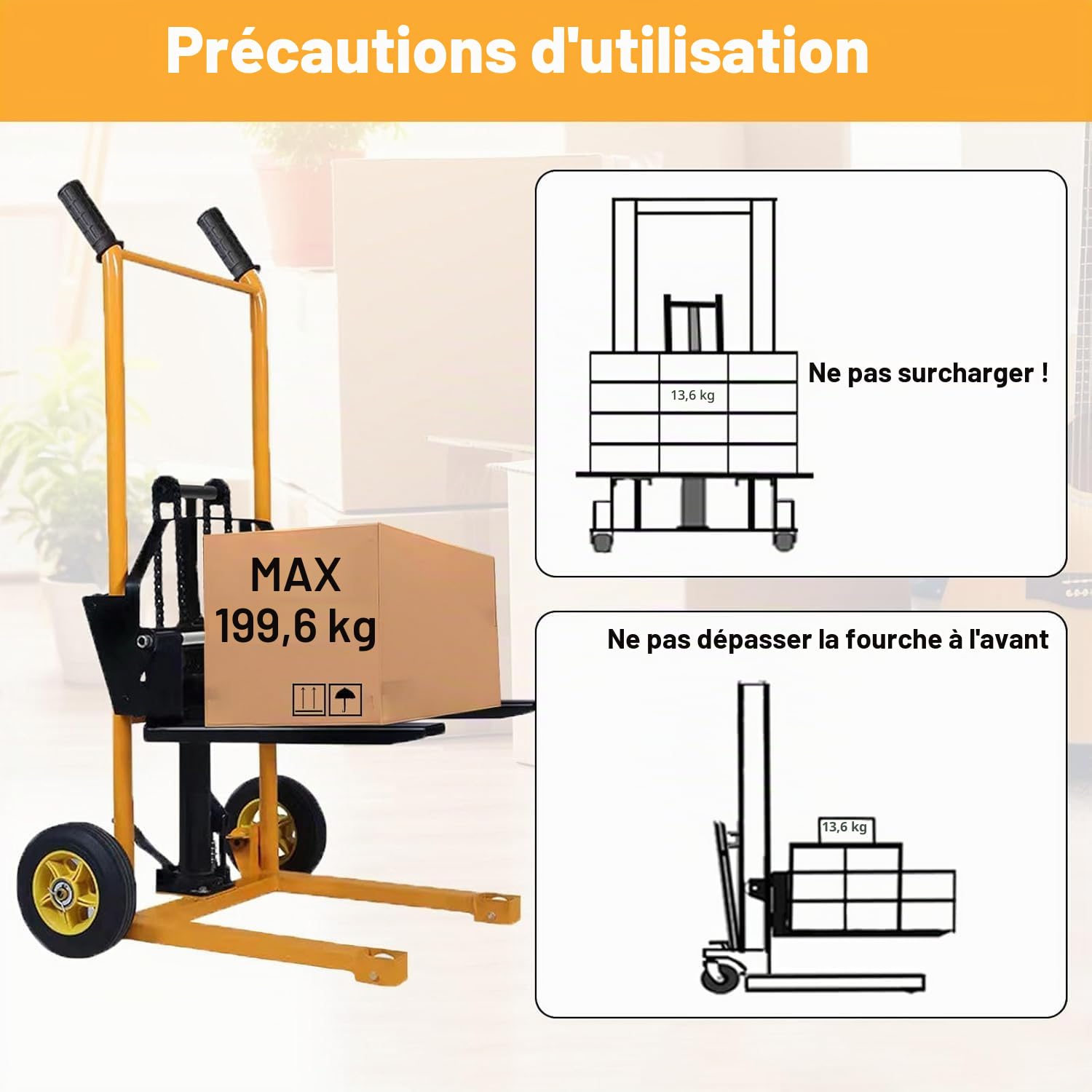 Transpalette Hydraulique Manuel Empileur de Élévateur de Matériel Levage Maximal de 200 kg, Chariot élévateur à Plateforme Chariot élévateur Équipé de avec Pieds Fixes et Fourches Réglables