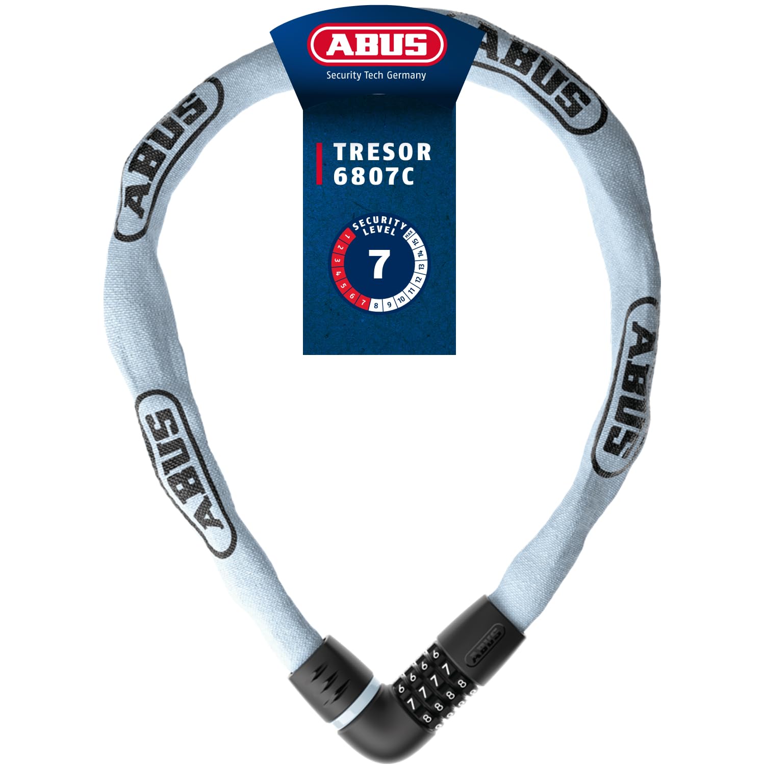 ABUS Kettenschloss Tresor 6807C, długość 110 cm, niebieski | Zapięcie rowerowe z wygodnym mechanizmem, łańcuch 7 mm, 4-cyfrowy kod, ochrona przed sondowaniem