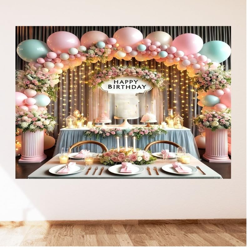 Image of Pastel Pink Balloon Party Backdrop with Floral Accents - Elegant Birthday Decoration and Photo Background Setup