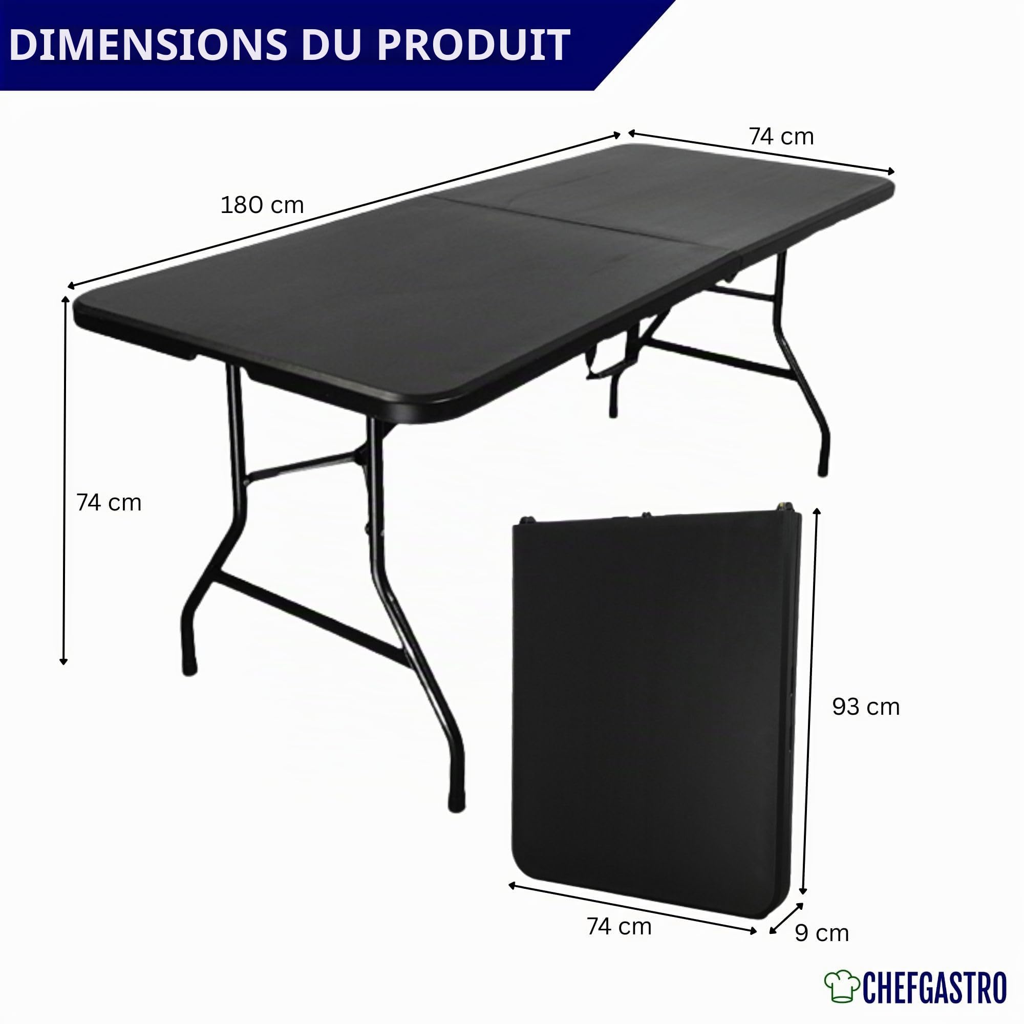 CHEFGASTRO Table de Buffet Pliante | HxLxP 74x180x75cm | avec poignée de Transport | pour 8 Personnes | Plastique résistant aux intempéries | Noir