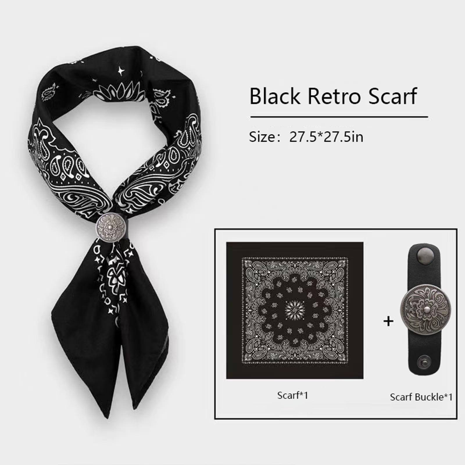 27.5 * 27.5 inches Oversize Bandana Scarf Set with Antique Silver Floral Buckle, Black Paisley Pattern, Leather Scarf Ring, Handmade Leather Ring Buckle, Gifts for Men