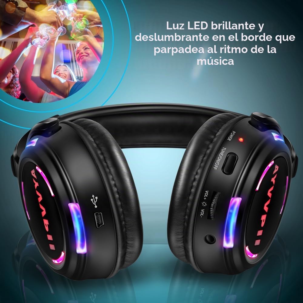 Auriculares inalámbricos Recargables silenciosos para Discoteca RF LED, luz Intermitente, Paquete de 10 Auriculares y 1 transmisor de 500 m de Distancia