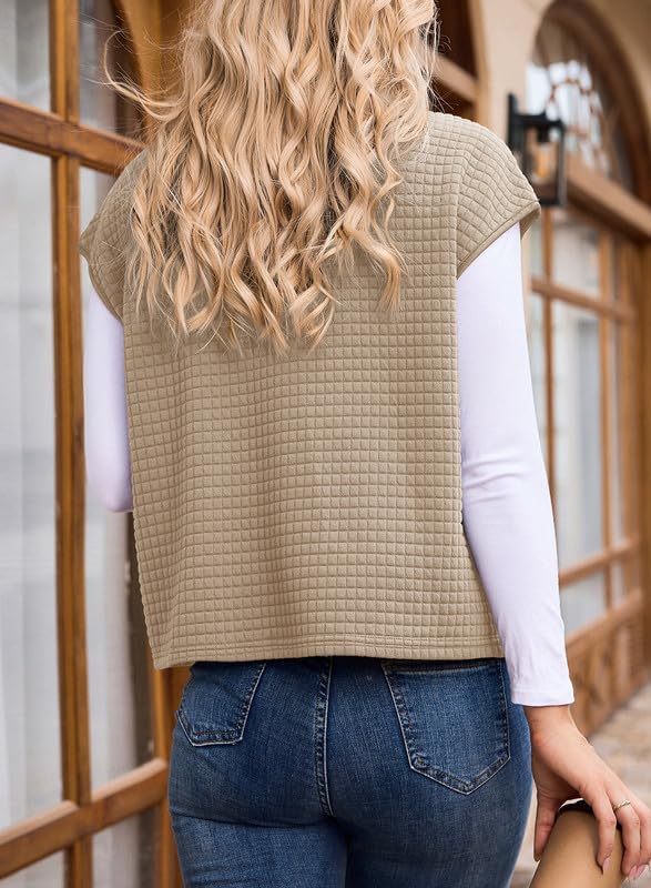 Dokotoo Womens Vest Tops 2026 Zipper Up Cap Sleeve Side Pockets Waffle Knit Sleeveless Oversized Vests - Image 2