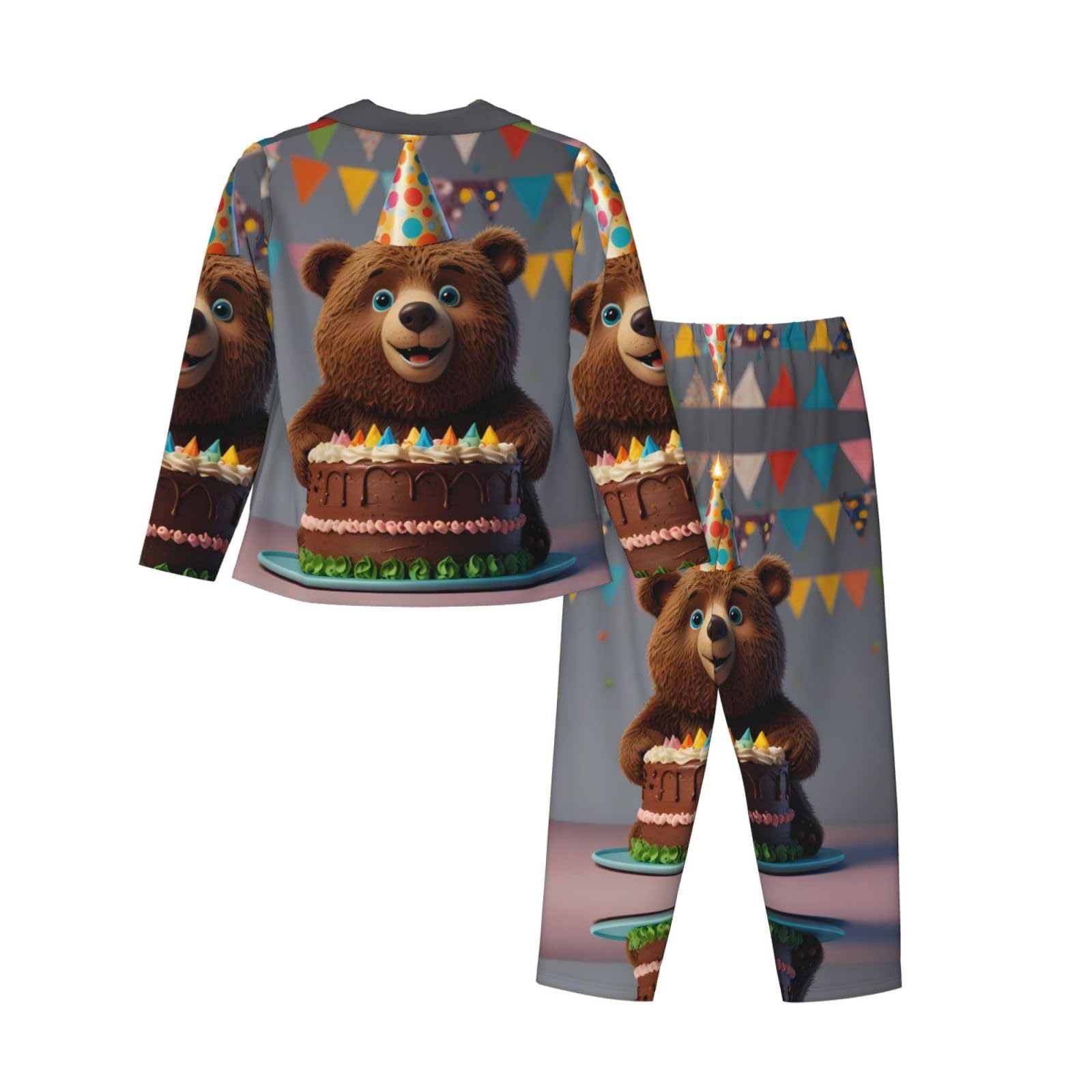 Orso da donna con cappello di compleanno stampato pigiama a maniche lunghe - Morbido e caldo abbigliamento da casa autunno/inverno -