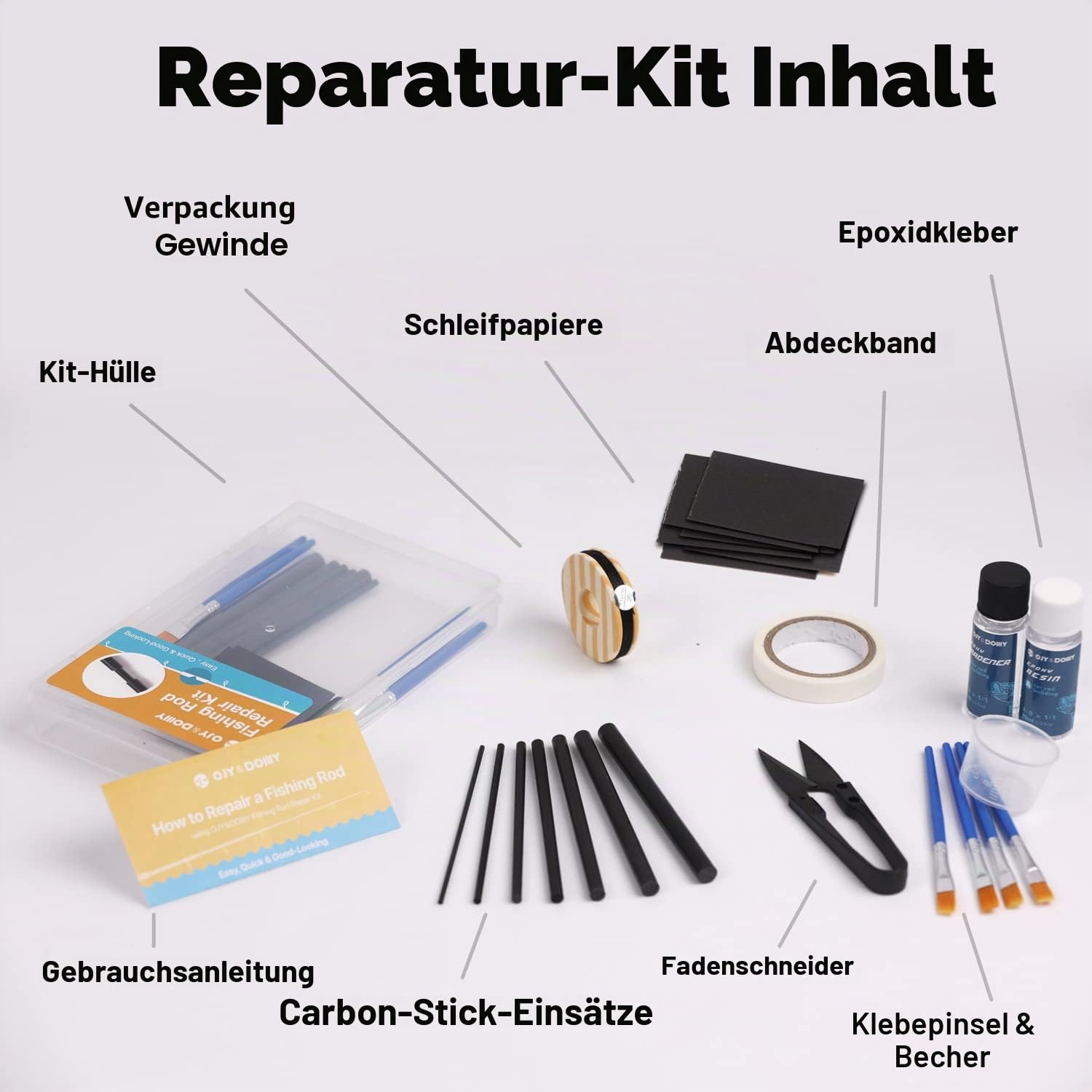 Komplettes Angelruten-Reparaturset, komplettes Zubehör mit Kleber für Süß- und Salzwasser, zerbrochene Angelruten-Reparatur mit Kohlefaser-Sticks, Epoxid-Finish