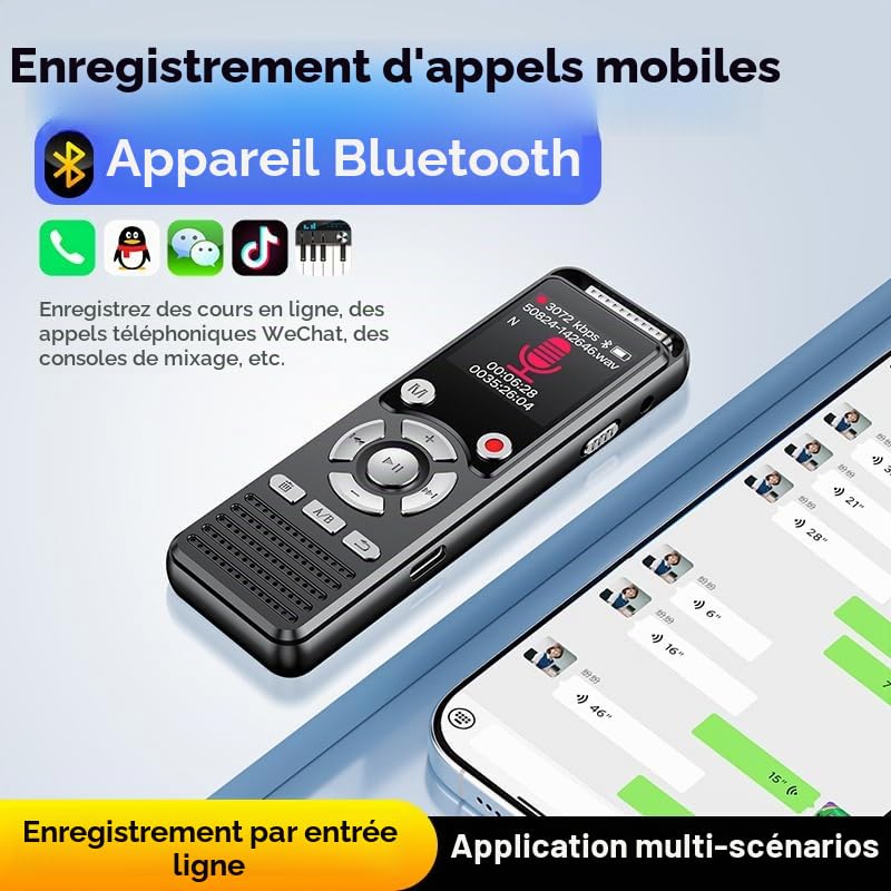 EVISTR Dictaphone numérique 3072Kbps 64 Go Bluetooth avec réduction du bruit Double microphone à activation vocale pour conférences/entretiens/réunions