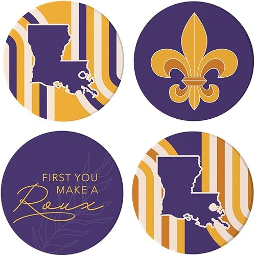 Joyride Home Decor Purple & Gold Louisiana Retro, 4 posavasos de cerámica, posavasos circulares de 4 pulgadas, juego de 4, parte trasera de corcho