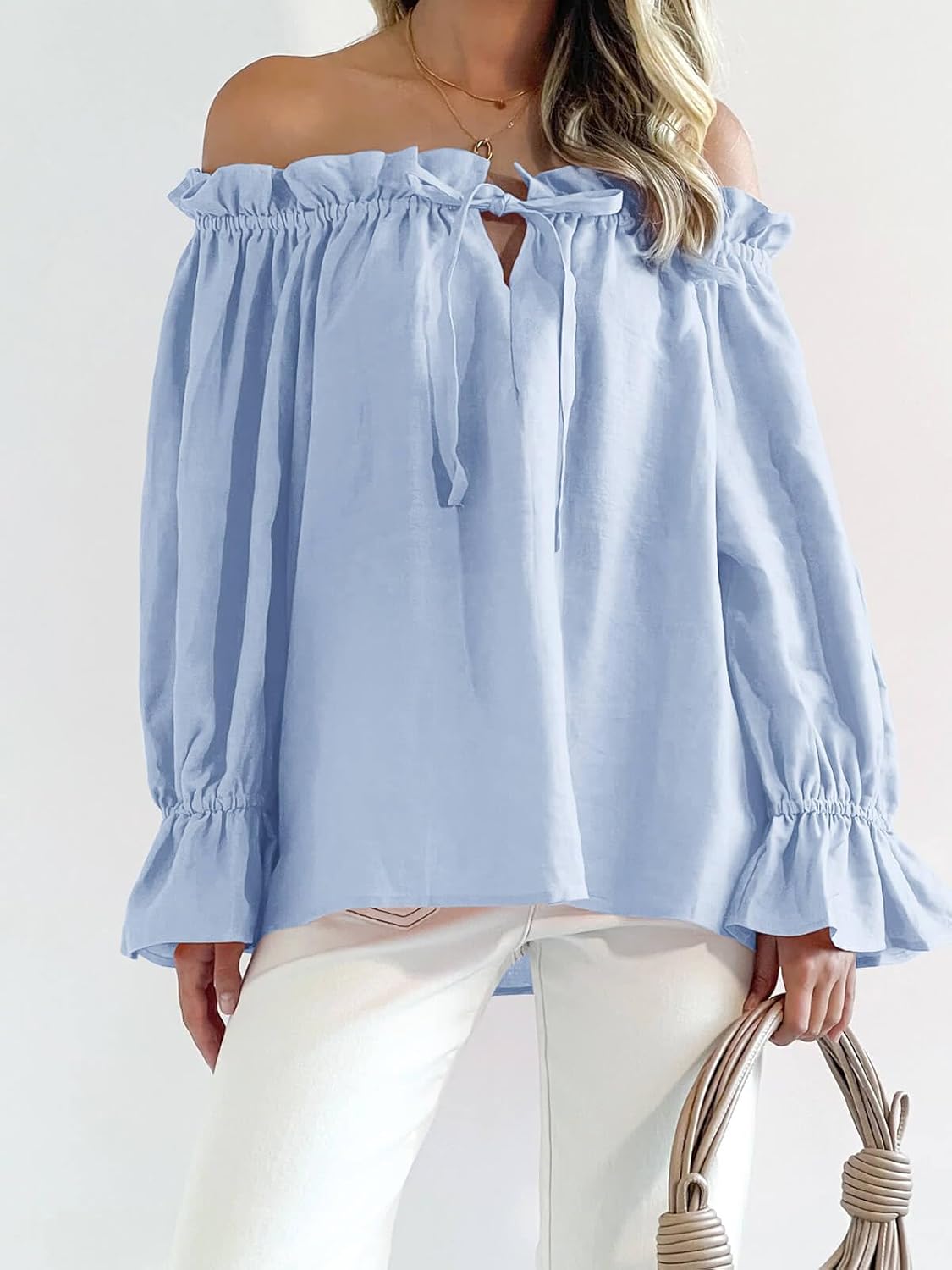 Imily Bela Womens Off The Shoulder Tops Puff Long Sleeve Tie Front Loose Fit Ruffle Shirts Blouses - Image 3