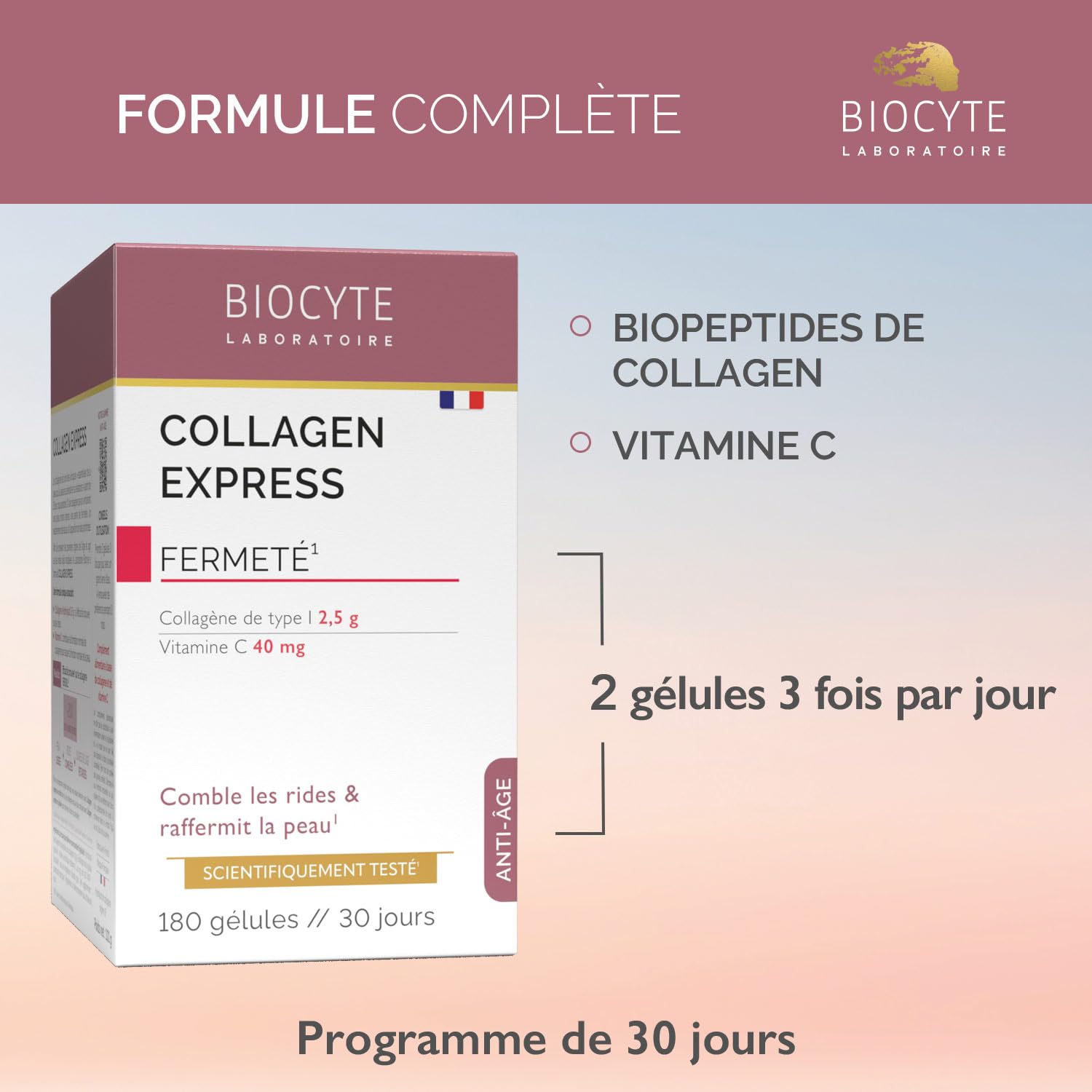 BIOCYTE Pack Collagen Express - Complément Alimentaire Anti-Âge et Jeunesse de la Peau - Hydrolysat de Collagène et Vitamine C - 180 Gélules - 1 mois de prise