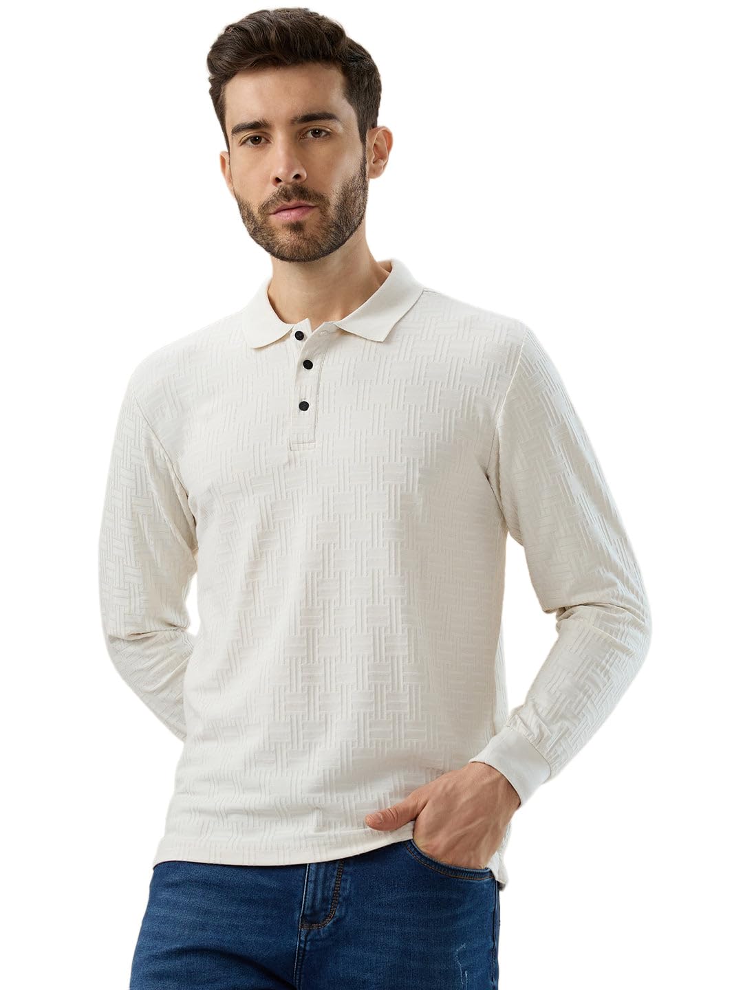 status quo Men's Geometric Textured Full Sleeves Regular Fit Polo T-Shirt-picture-13