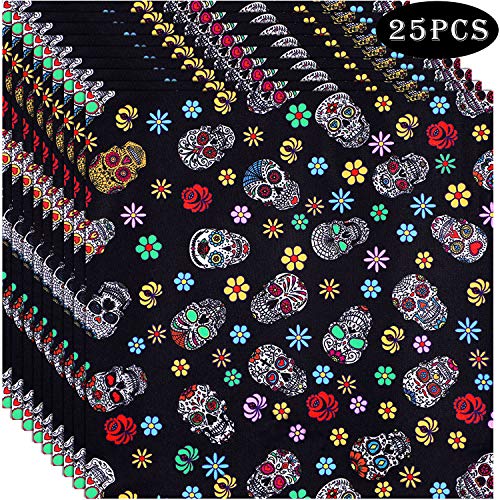 image for Tatuo 25 Pieces 10 x 10 Inches Sugar Skull Fabric Skull Pattern Hallow