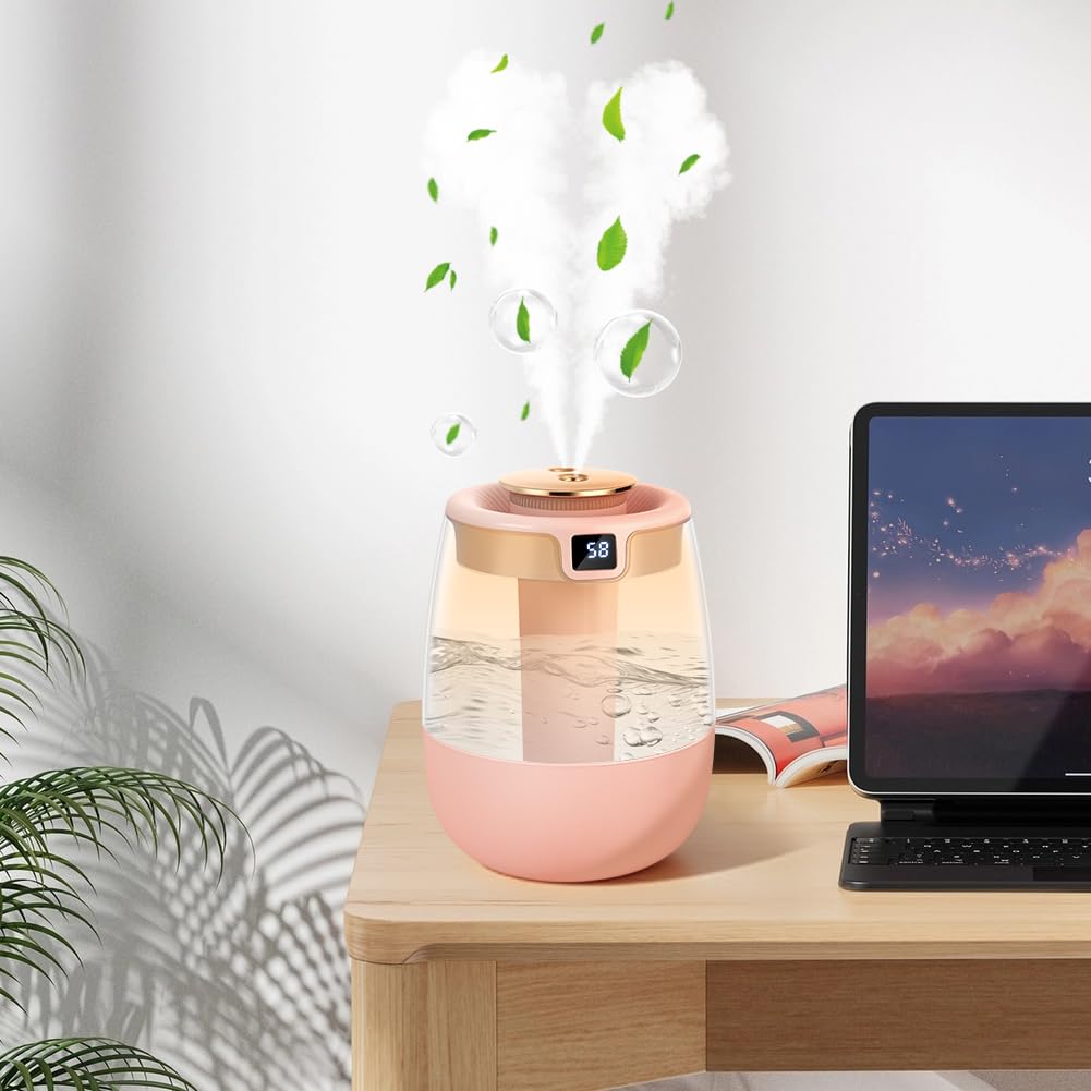 Humidificador 1.8L Silencioso para Bebes Doble Cámara con Pantalla de Humedad Inteligente Tres Modos Luz Nocturna UV USB Rosa