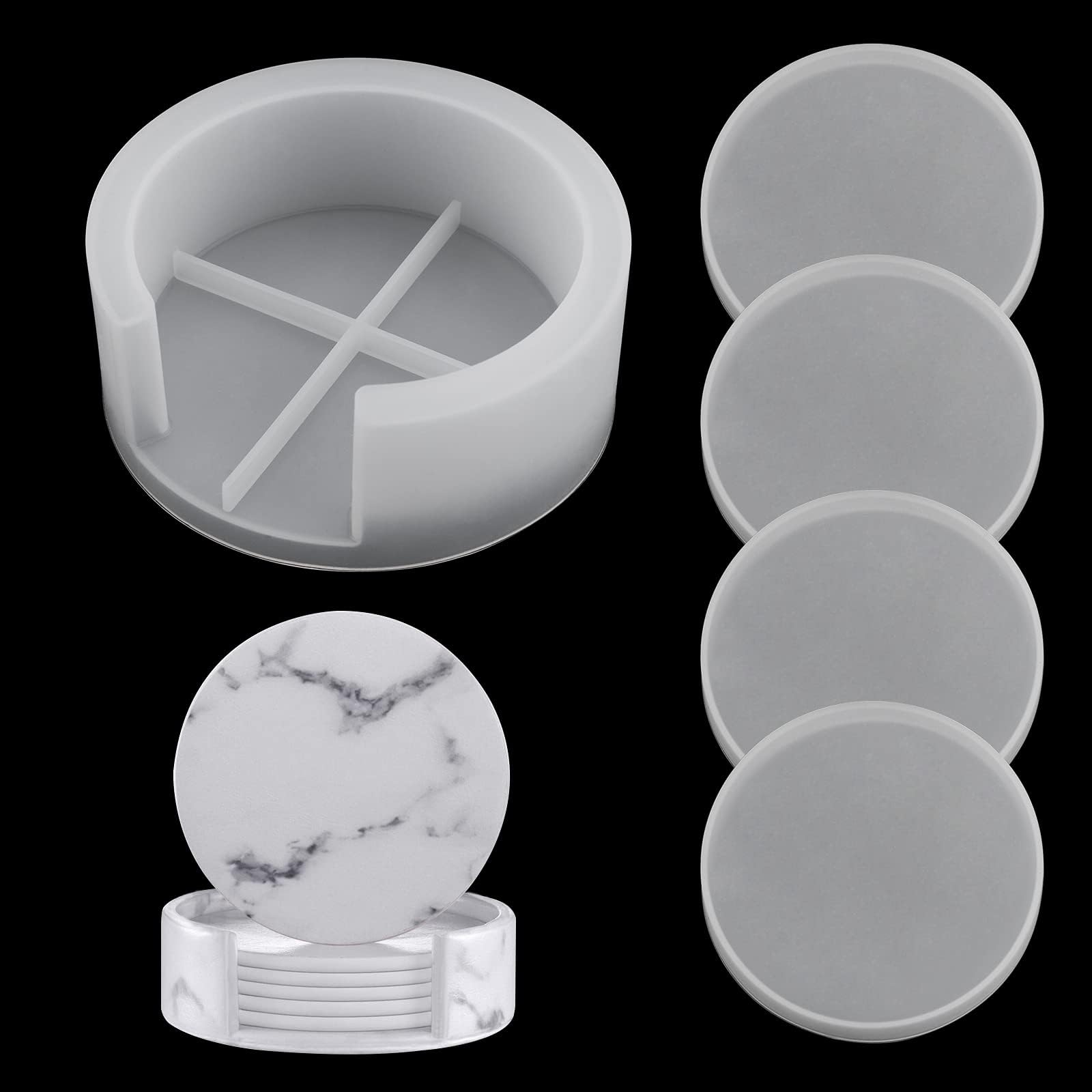 5 PCS Round Coaster Resin Moulds with Coaster Storage Box Mould, Coasters Mould for Resin, DIY Coasters Moulds Set for Making Cup Mats Cups Mats Table Home Decoration