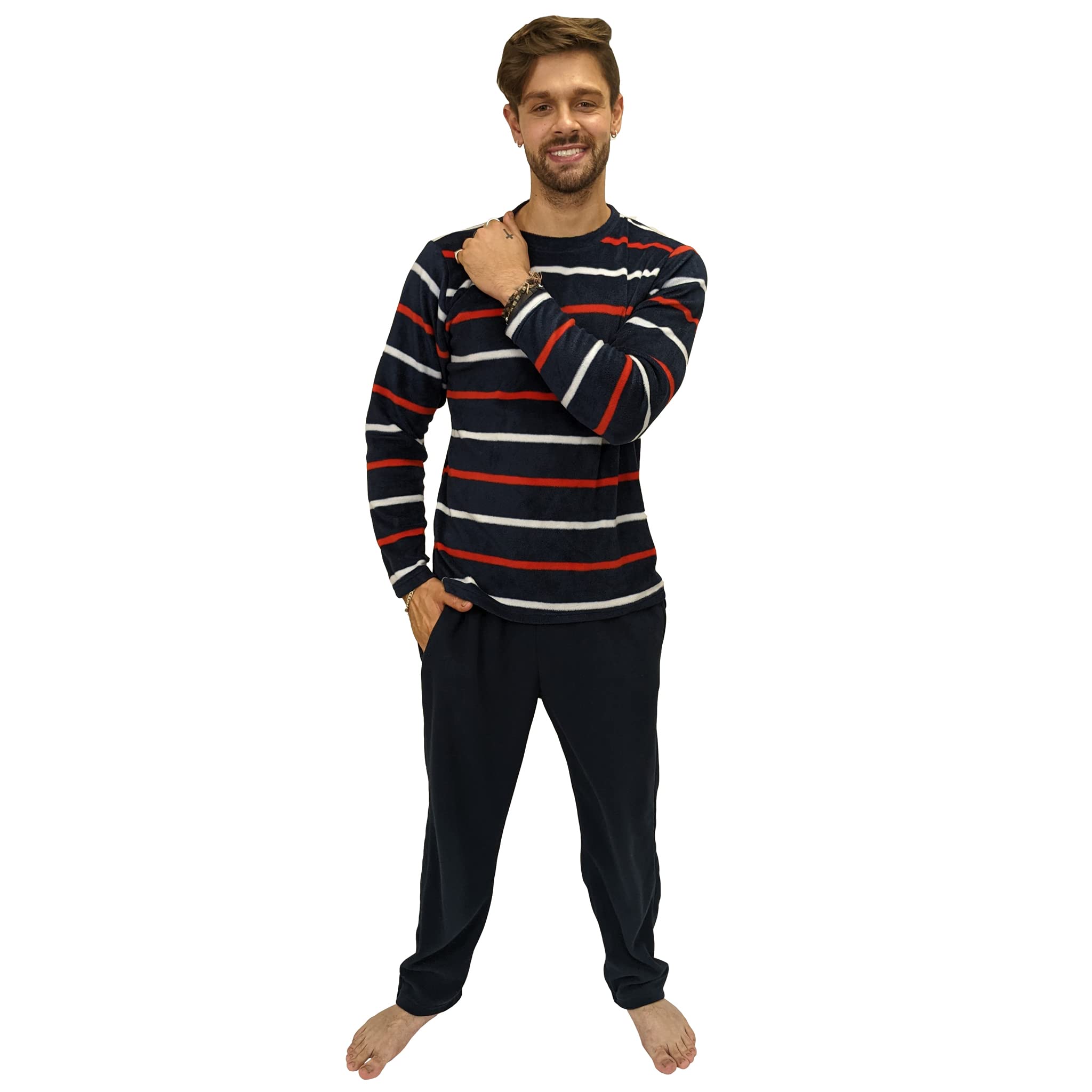 Kruxader Men's Navy Hamilton Warm Fleece Loungewear Winter Pj Pyjama Set Pj's S-6Xl Striped (Hamilton Navy, 3XL)
