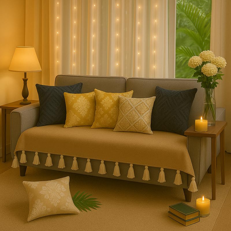 Image of WWW.THROWPILLOW.IN ThrowpillowTan L Shape Sofa Cover- 6 Seater Corner Sofa Cover with Tassels for Living Room - Fits 2 Seater + 3 Seater & Corner Sofa -5 Pc Set of 3 Seat Covers & 2 Armrest Covers|