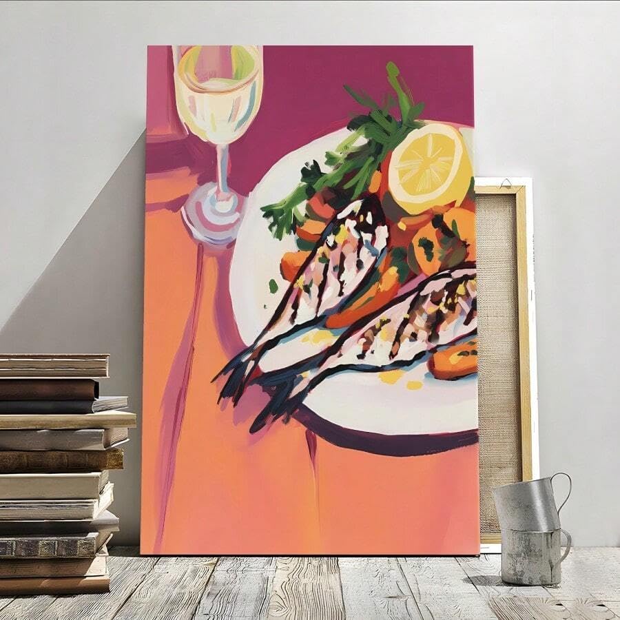 Pintura de pescado a la parrilla y mariscos sobre lienzo para decoración de dormitorio